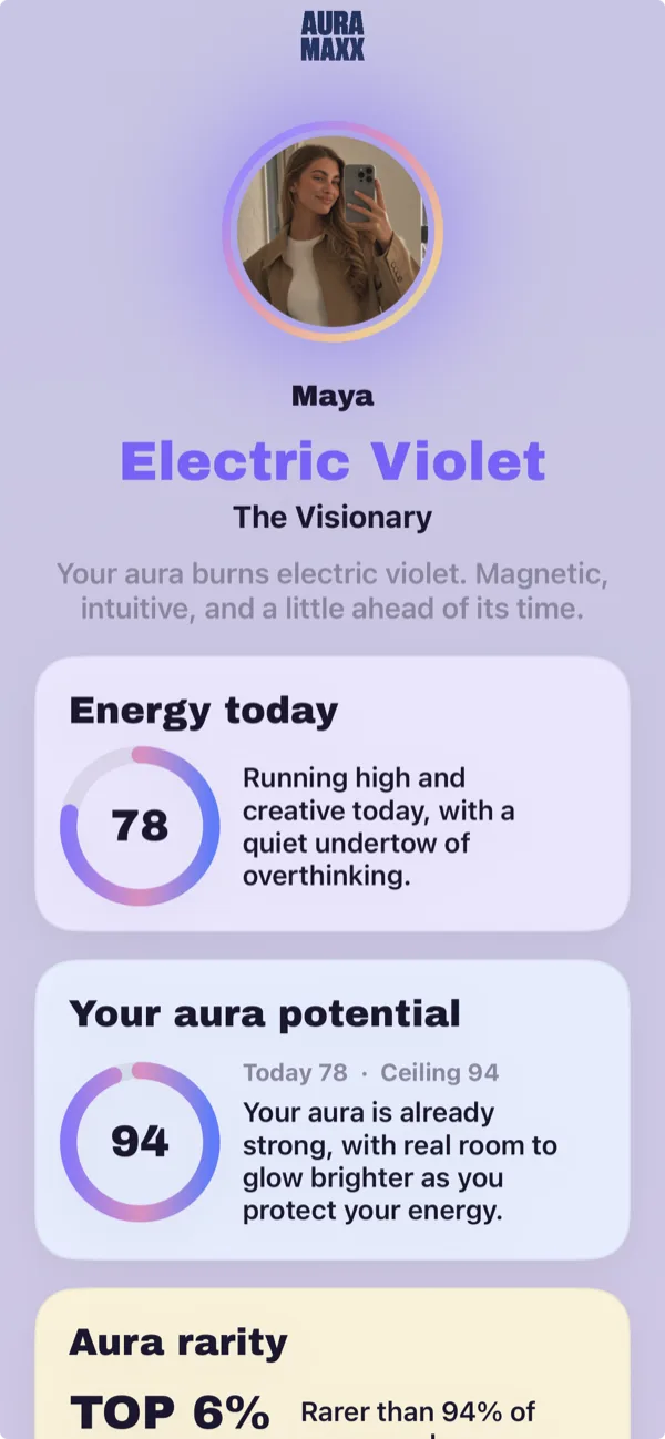An example Aura Maxxing aura reading — Electric Violet, The Visionary — with an energy score, aura potential and rarity.