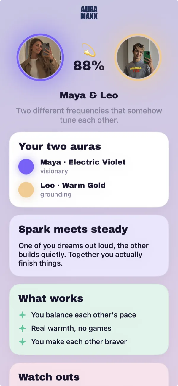 Aura compatibility reading between two people with an 88 percent match score.
