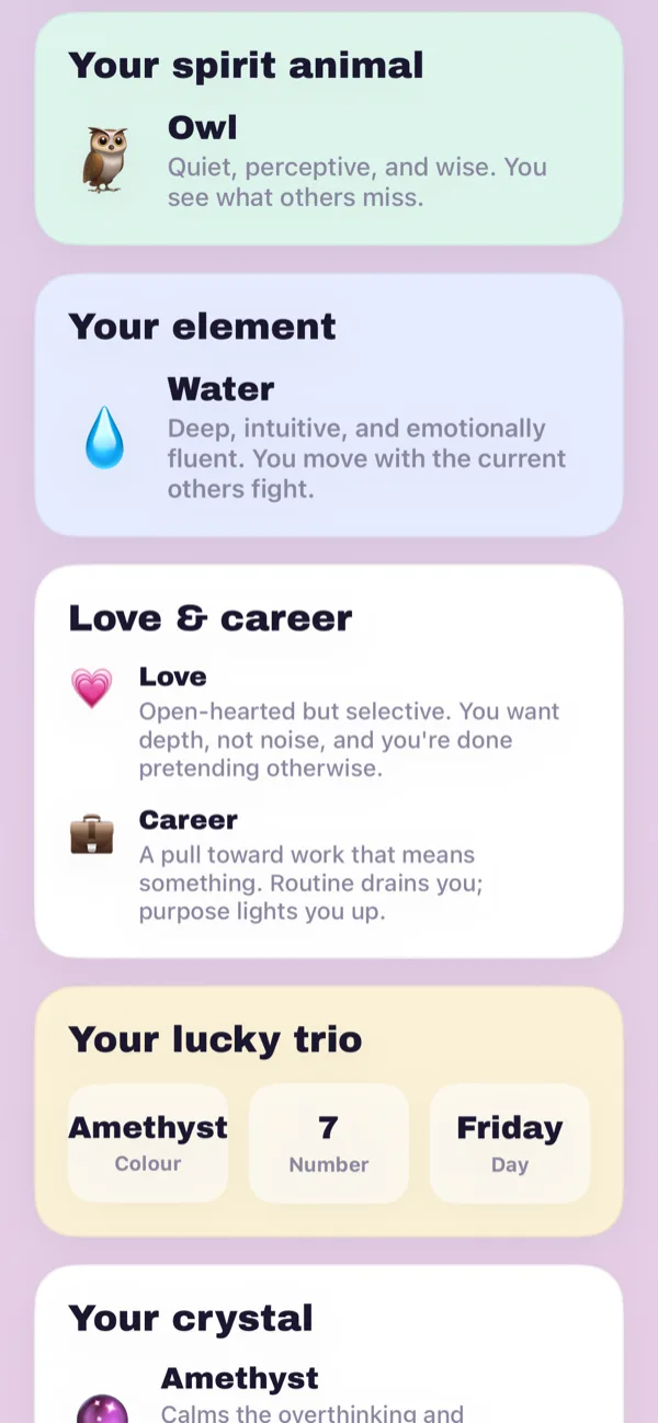 Spirit animal, element, love and career energy, and a lucky trio of colour, number and day.